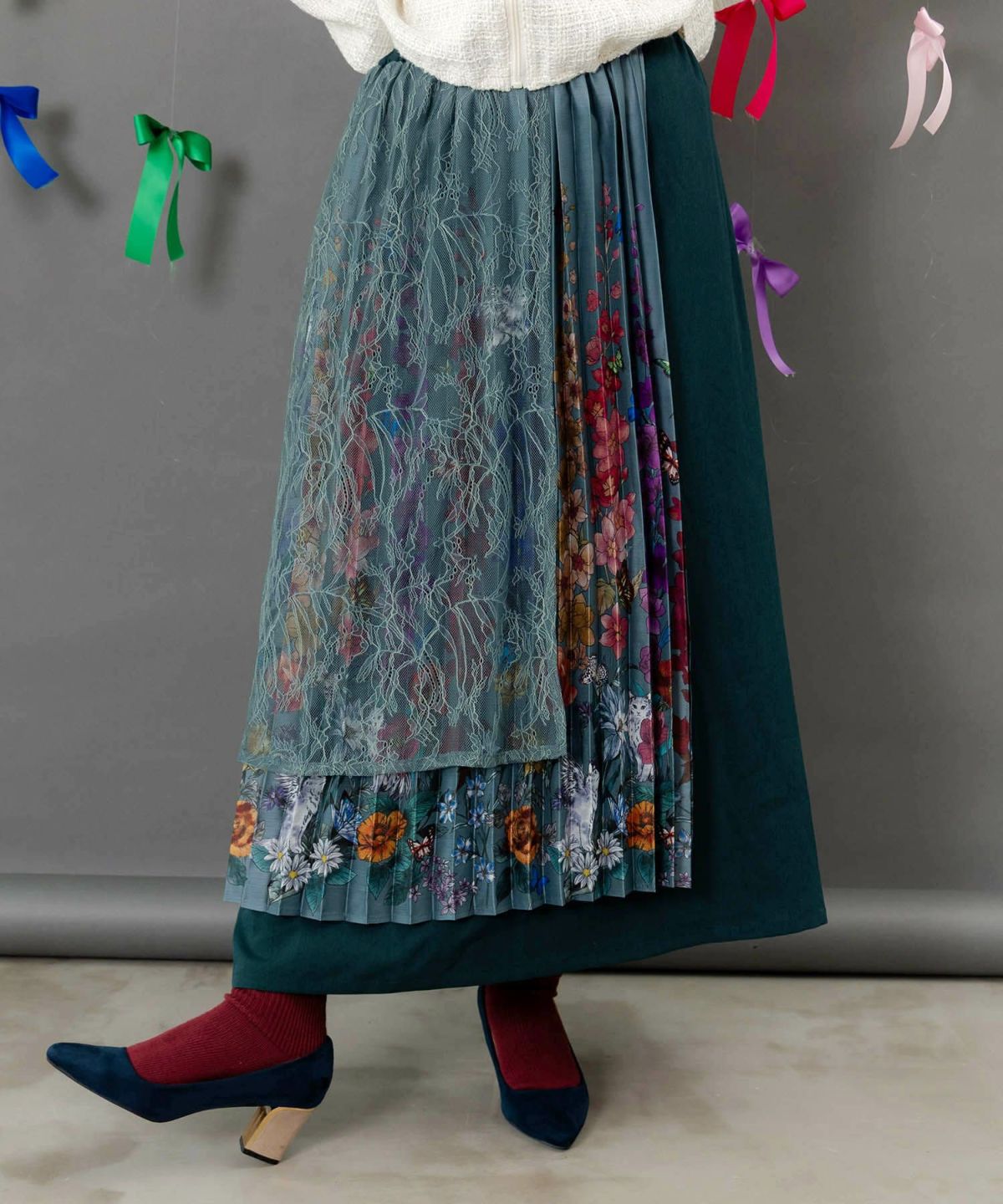 チュールスカート×花柄×プリーツスカート-3