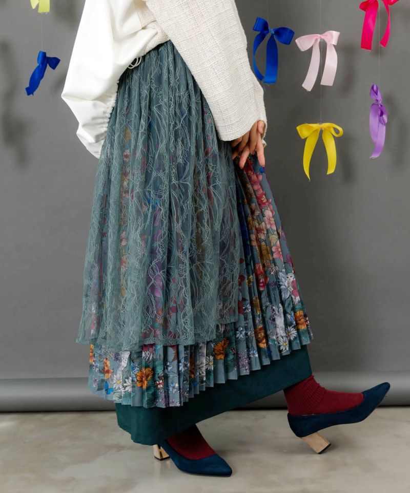 チュールスカート×花柄×プリーツスカート-4