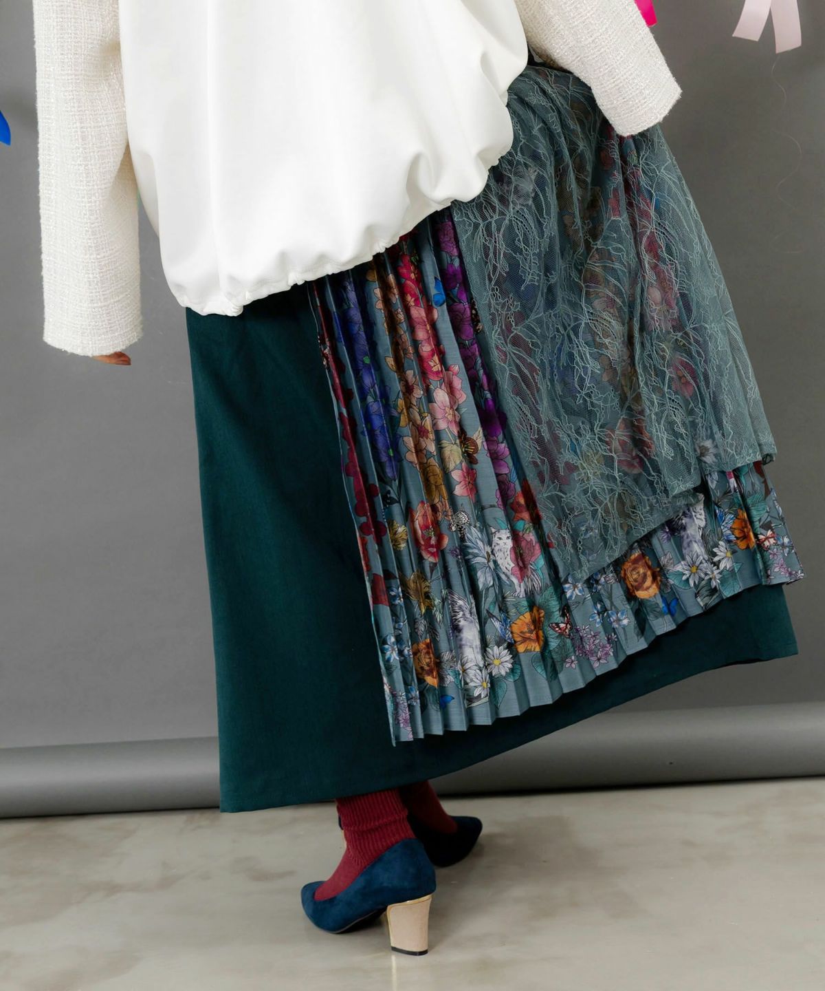 チュールスカート×花柄×プリーツスカート-5