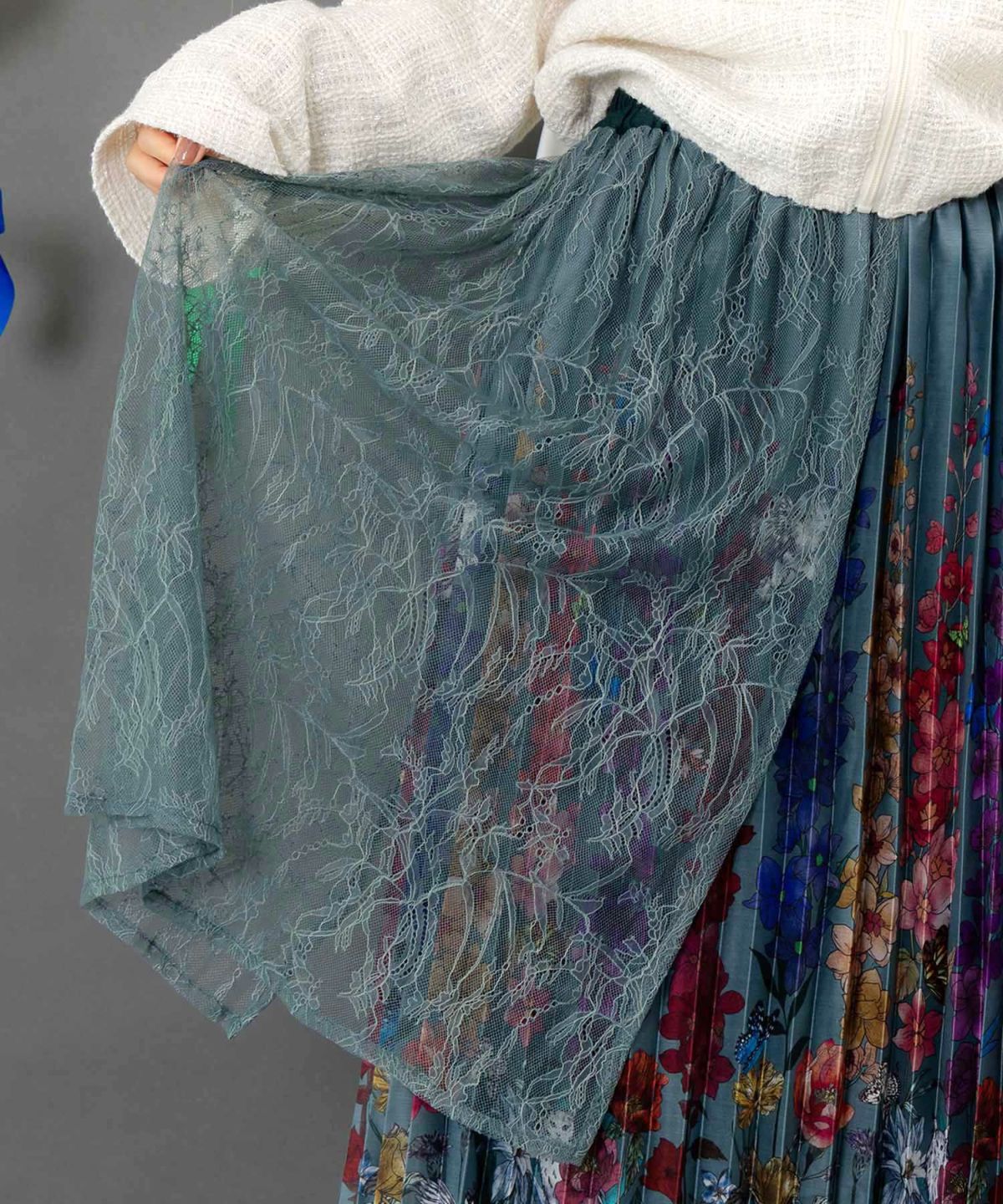 チュールスカート×花柄×プリーツスカート-8