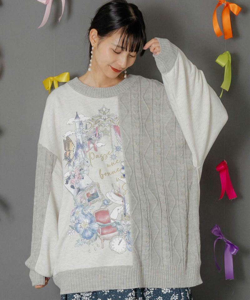 童話風プリント異素材切替プルオーバー-1