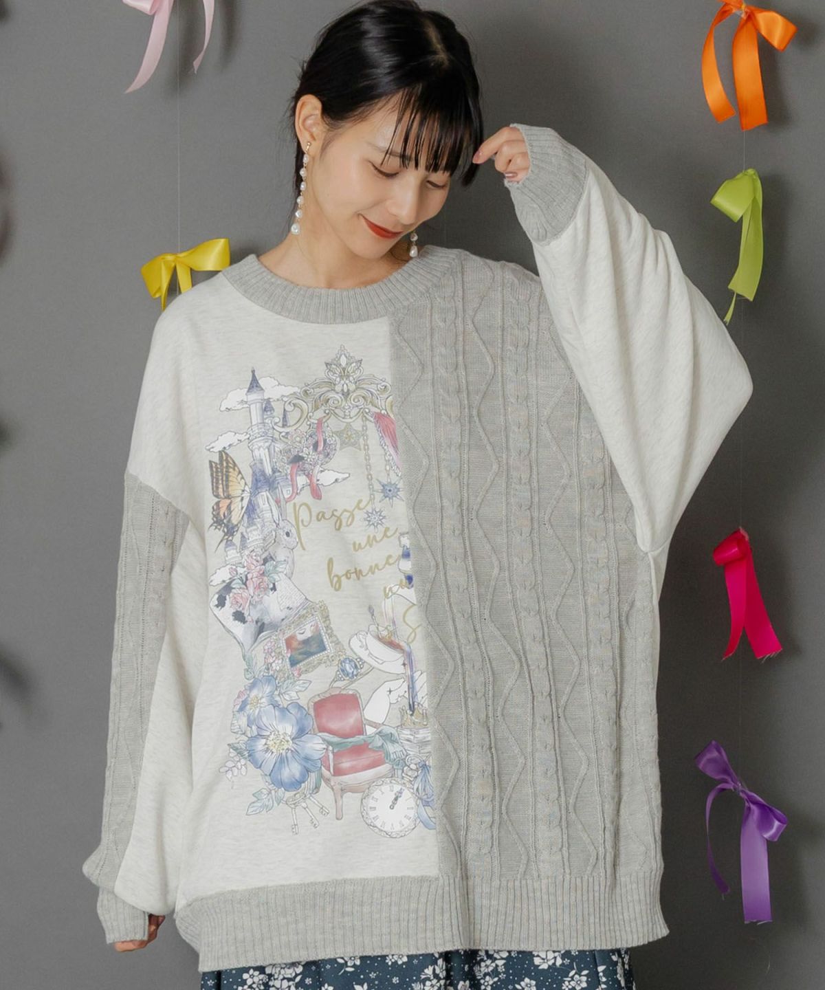 童話風プリント異素材切替プルオーバー-1