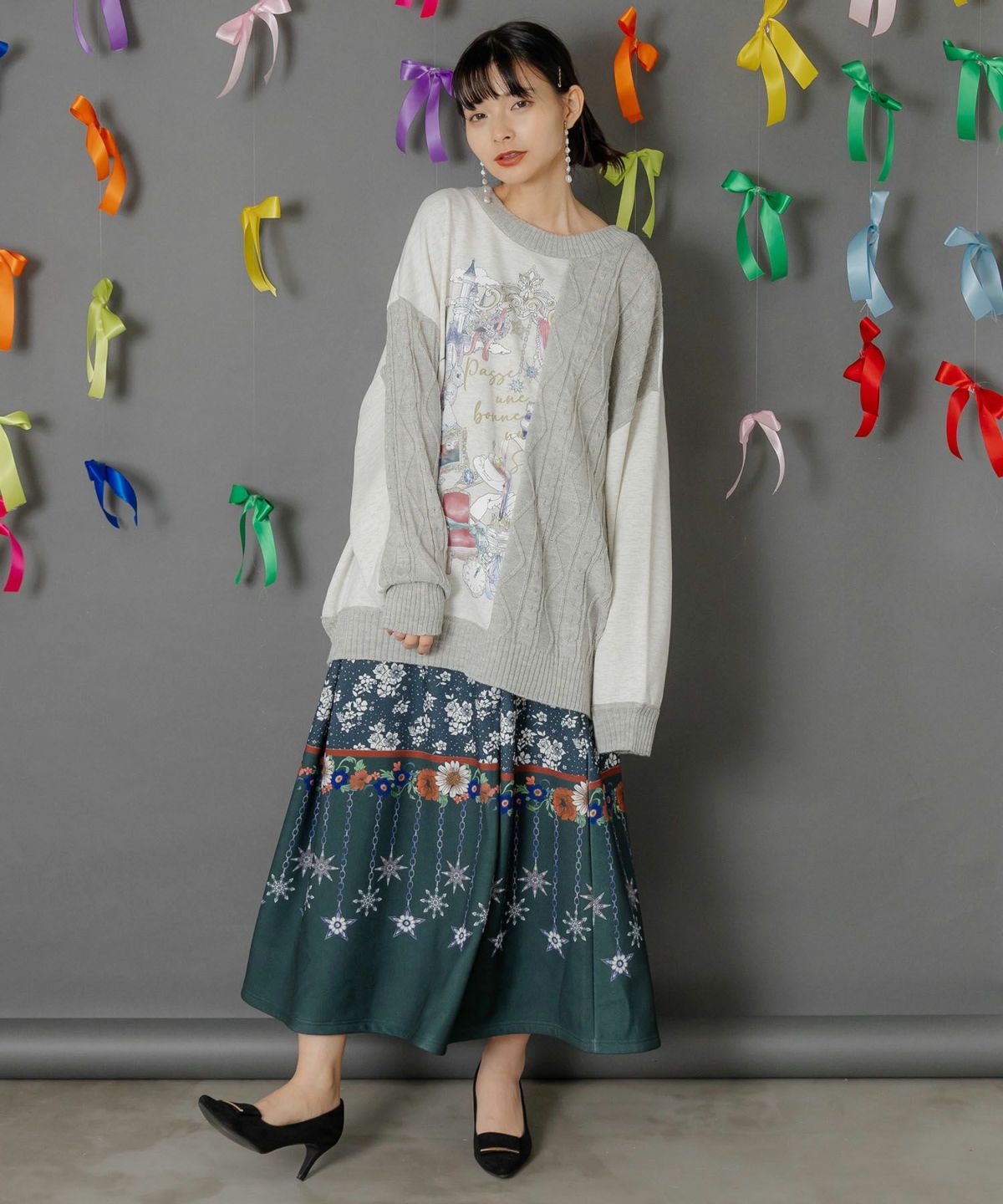 童話風プリント異素材切替プルオーバー-2