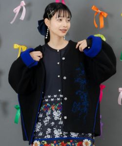 【ヴィンテージ】ノーカラー ニットカーディガン ベロア 刺繍 花柄 黒 レトロ 553285：花刺繍バイカラーニットカーディガンの通販-ScoLar