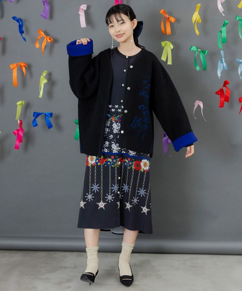 45R 花刺繍 ギマニットカーディガン ダークブルー 45R 花刺繍 ギマニットカーディガン ダークブルー