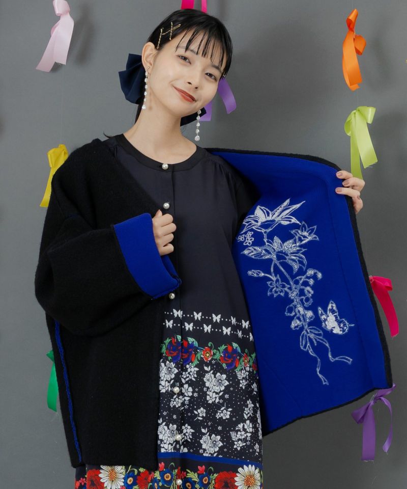 553285：花刺繍バイカラーニットカーディガンの通販-ScoLar