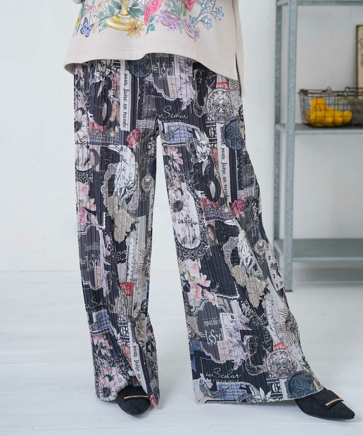 花柄ラベルプリーツパンツ-1