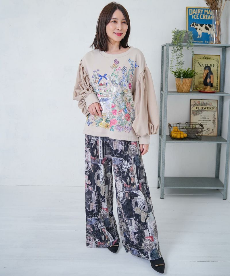 花柄ラベルプリーツパンツ-2