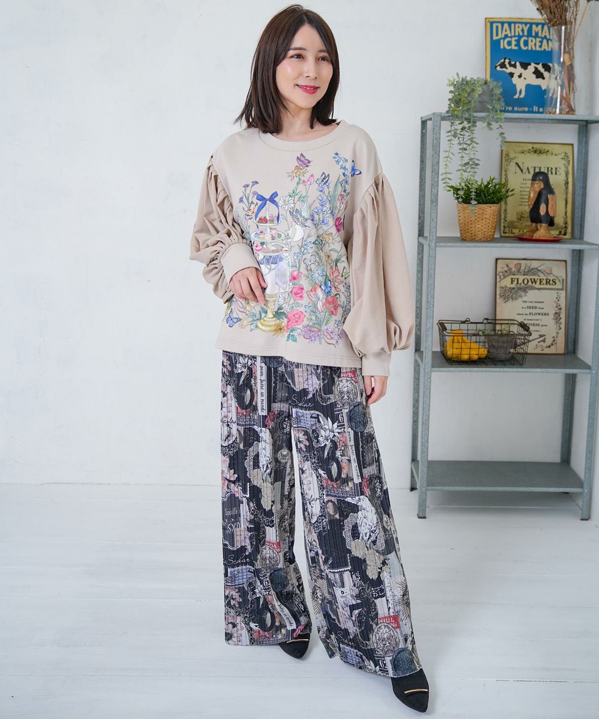 花柄ラベルプリーツパンツ-2