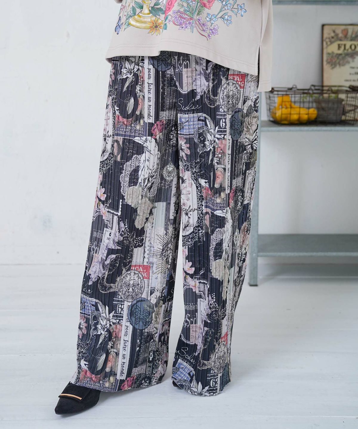 花柄ラベルプリーツパンツ-3