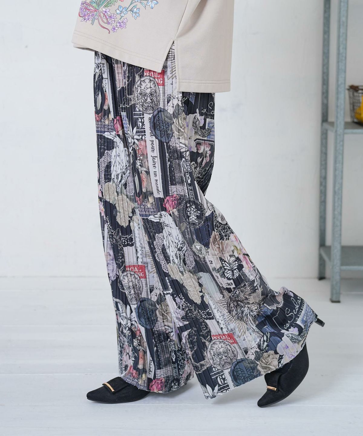 花柄ラベルプリーツパンツ-4