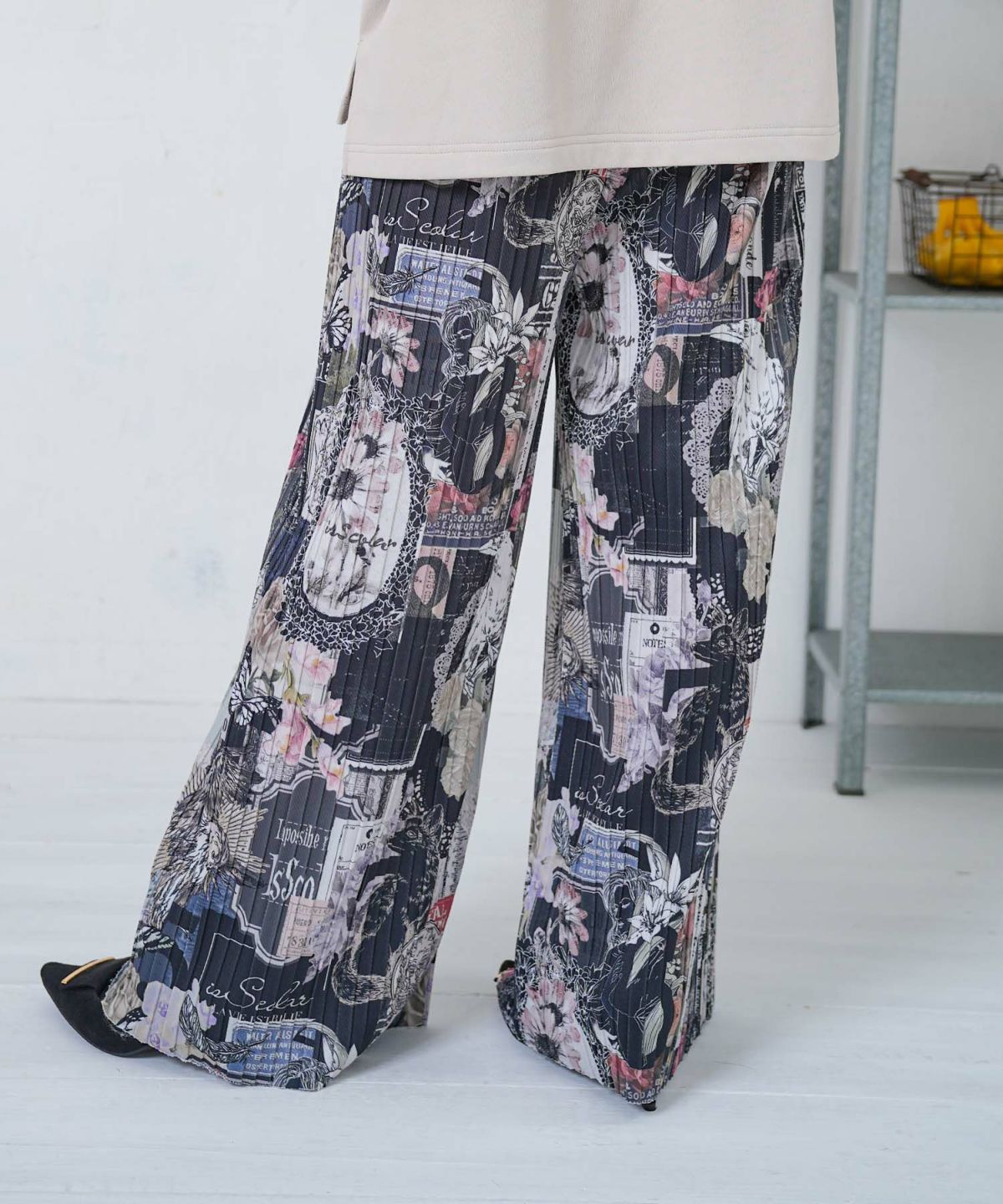 花柄ラベルプリーツパンツ-5