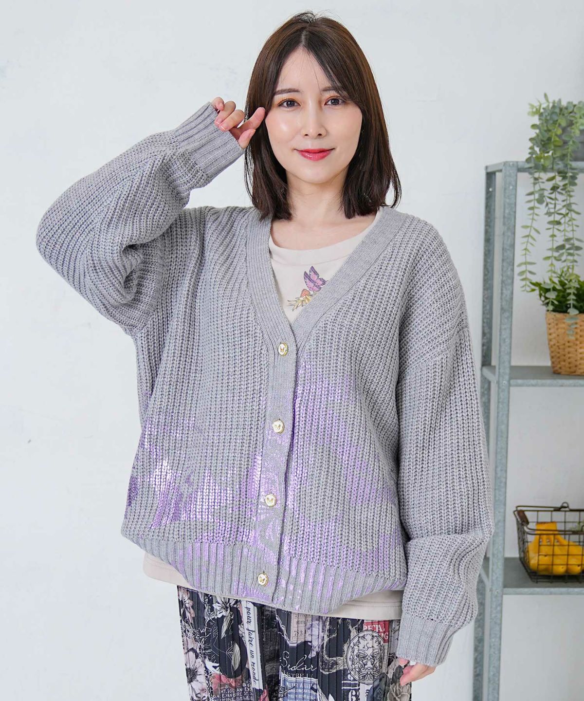 蝶柄箔プリントニットカーディガン-1