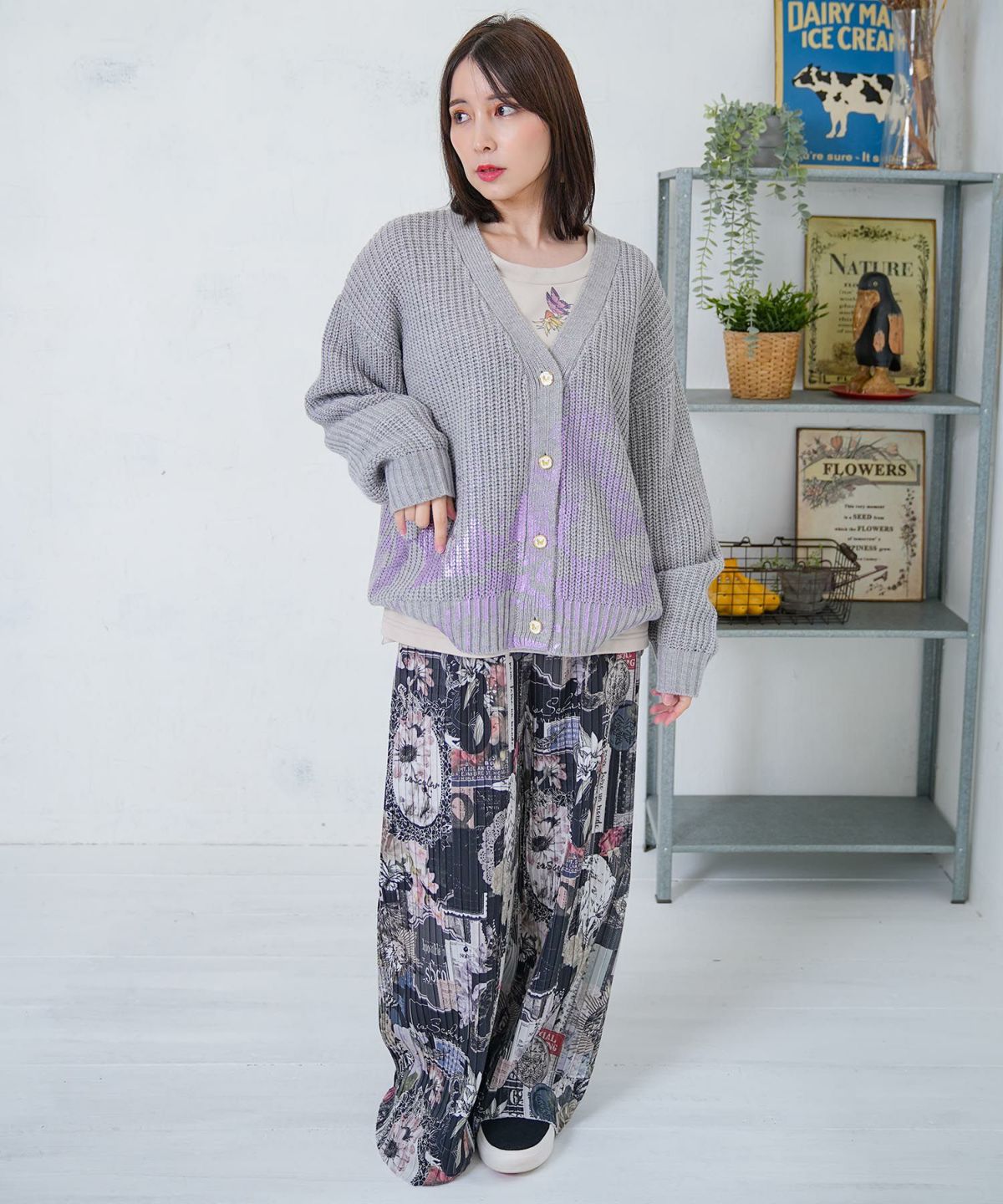 蝶柄箔プリントニットカーディガン-2