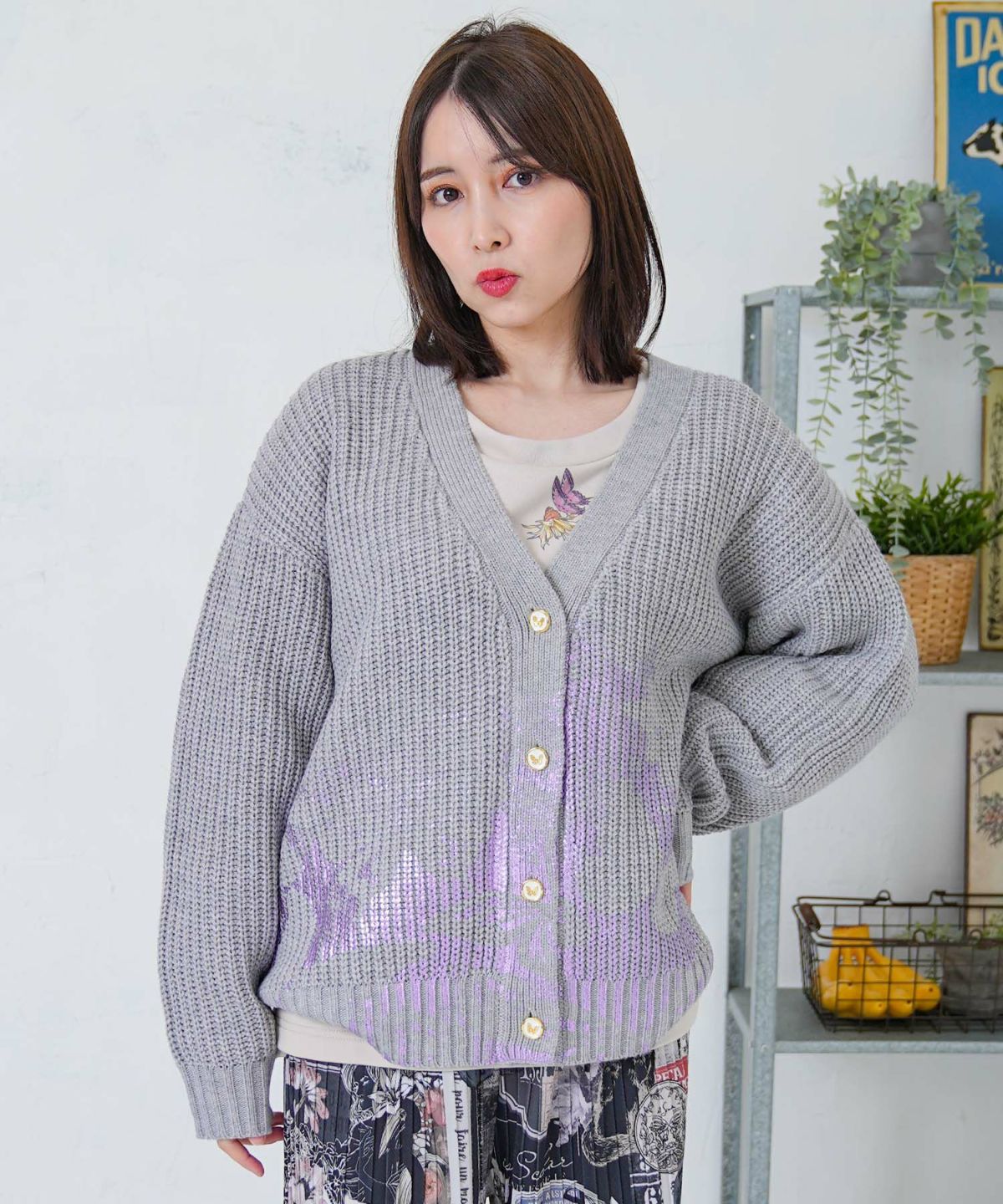 蝶柄箔プリントニットカーディガン-3