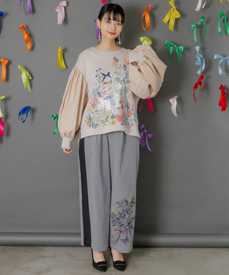 異素材切替×花束刺繍パンツ-2