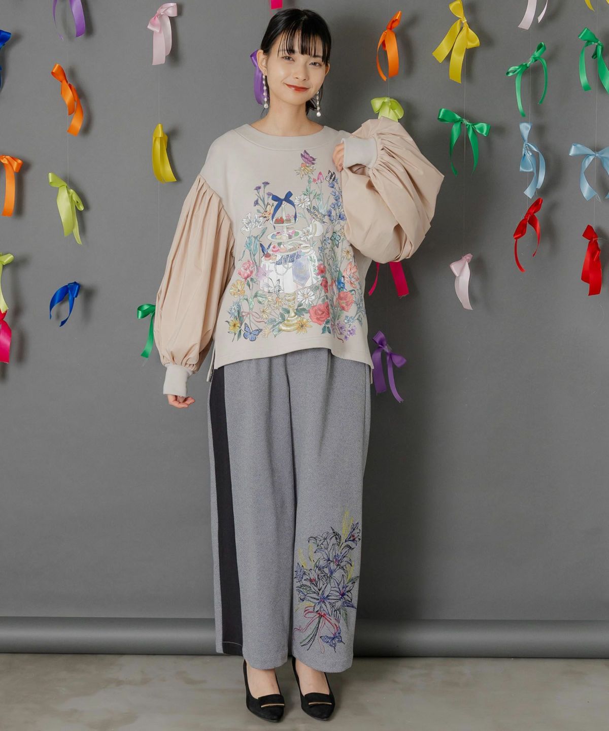 異素材切替×花束刺繍パンツ-2