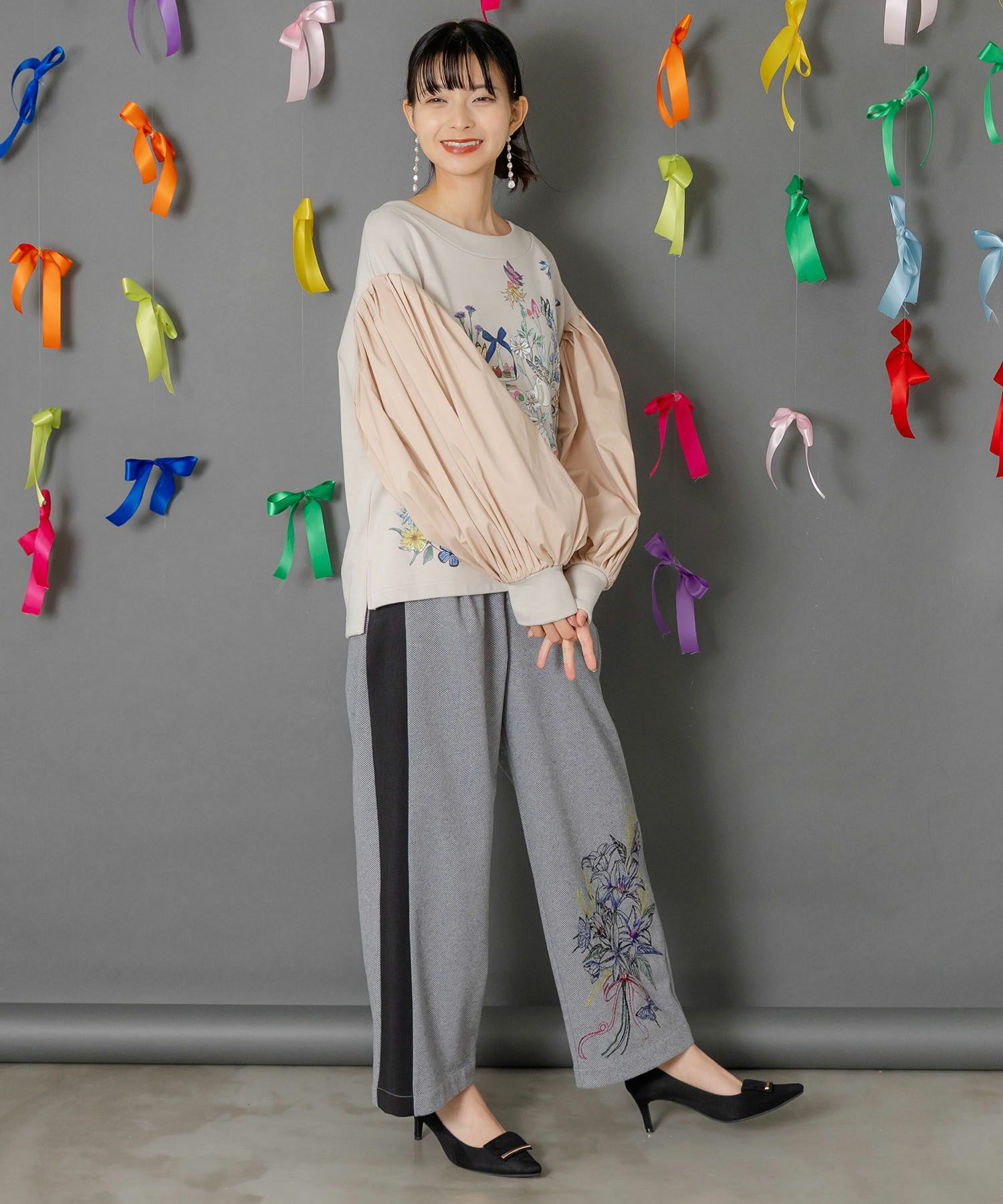 異素材切替×花束刺繍パンツ-4