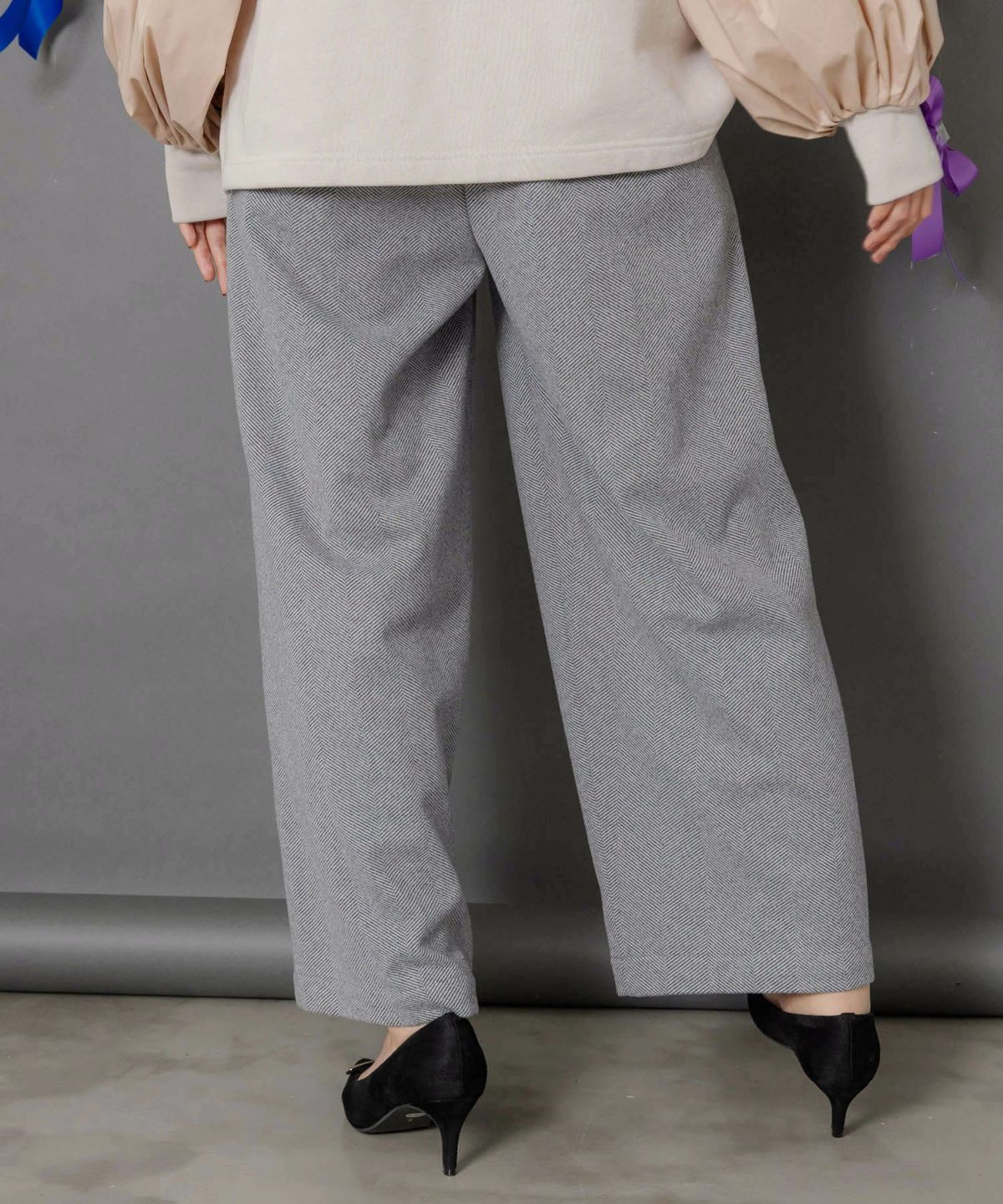 異素材切替×花束刺繍パンツ-5