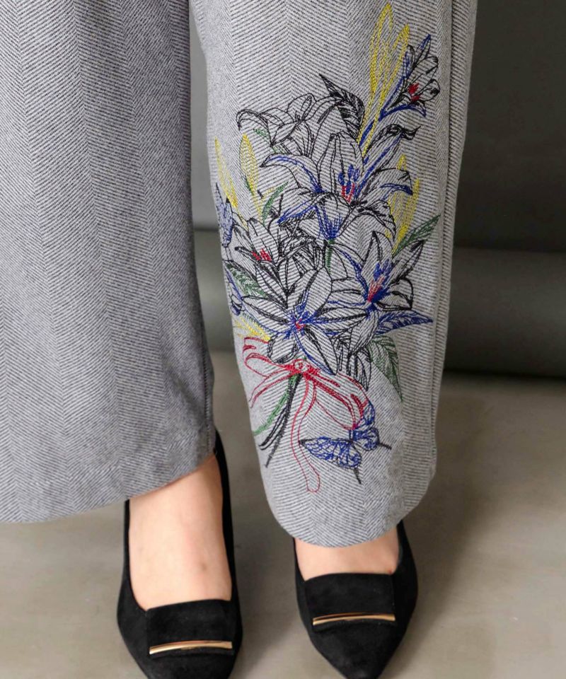 異素材切替×花束刺繍パンツ-8