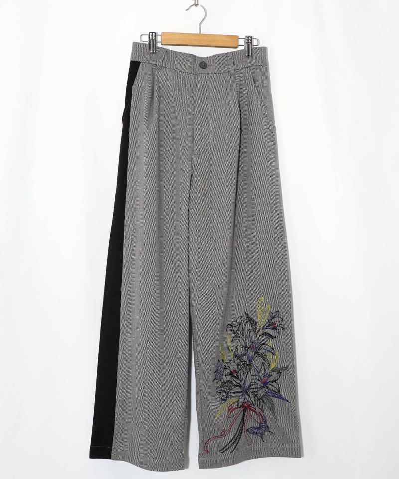 異素材切替×花束刺繍パンツ-9