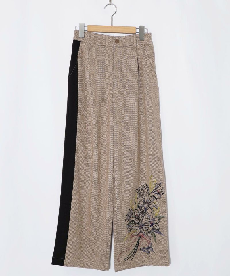 異素材切替×花束刺繍パンツ-13
