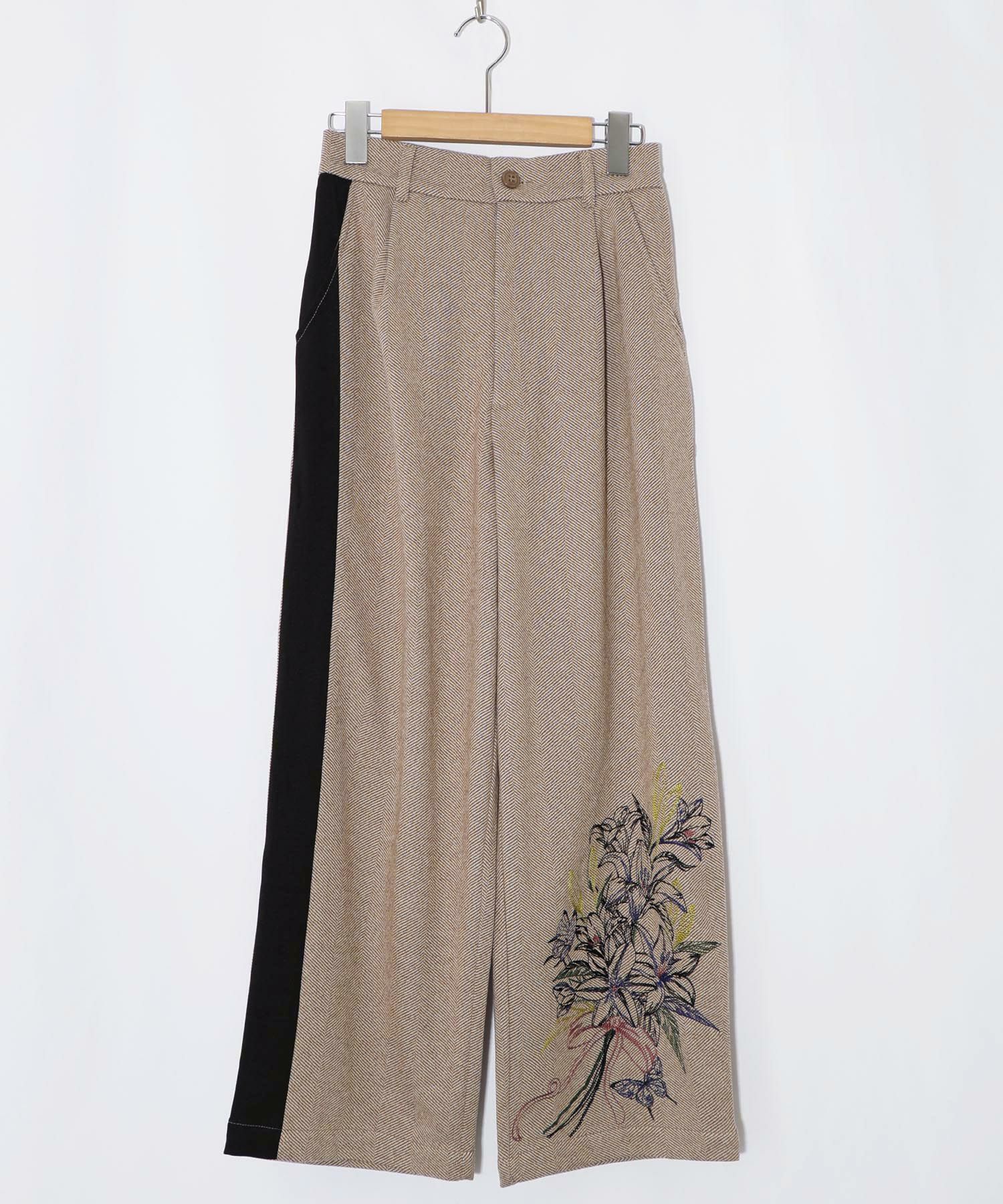異素材切替×花束刺繍パンツ-13