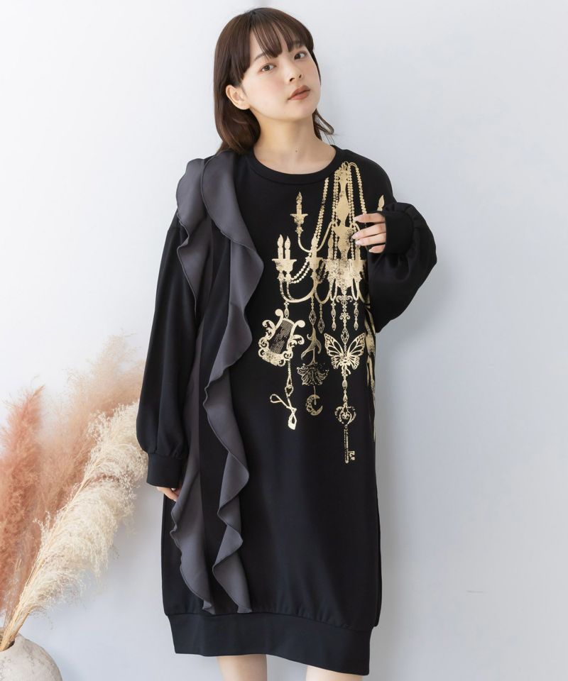 箔プリントシャンデリア フリル裏毛ワンピース-1