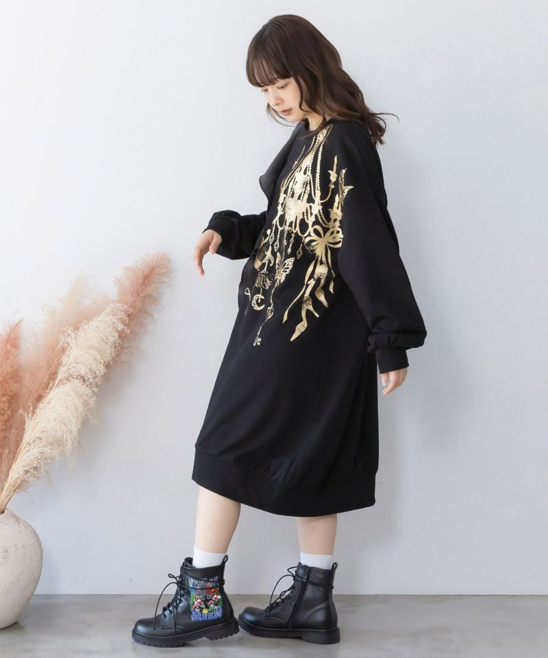 箔プリントシャンデリア フリル裏毛ワンピース-3