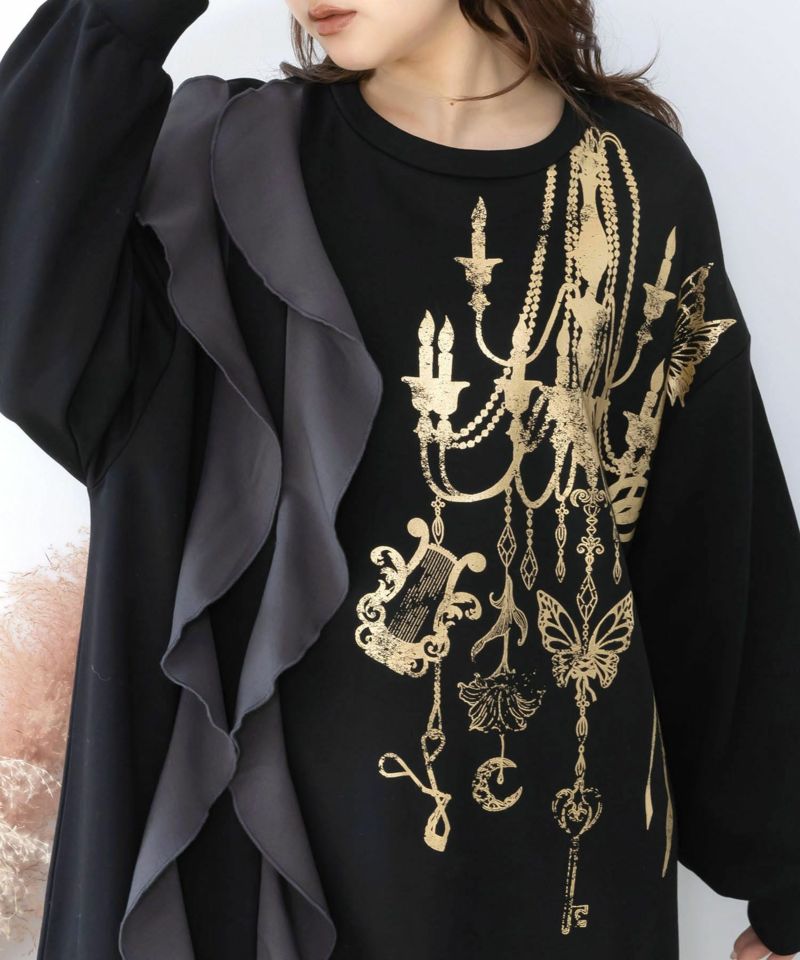 箔プリントシャンデリア フリル裏毛ワンピース-7