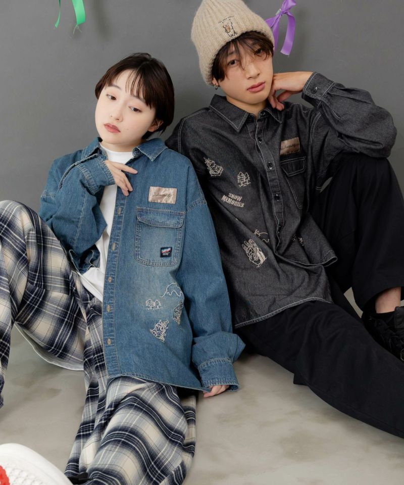 ラビルとネコのスノーメモリー刺繍デニムシャツ-1