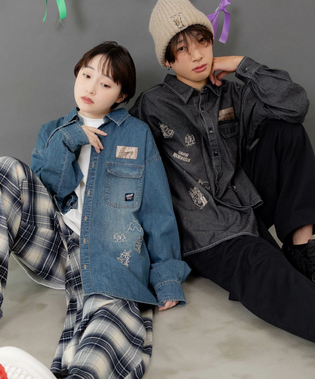 ラビルとネコのスノーメモリー刺繍デニムシャツ-1