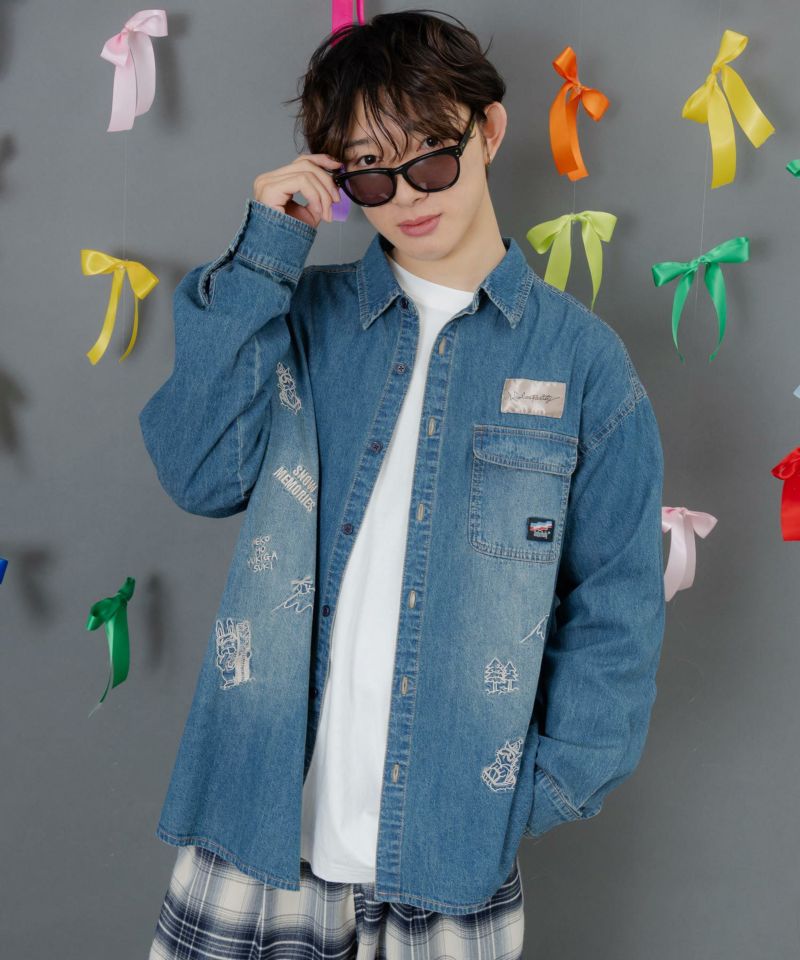 ラビルとネコのスノーメモリー刺繍デニムシャツ-8