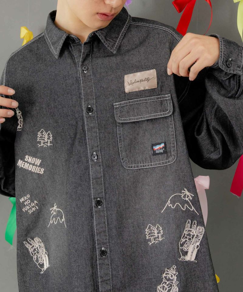 ラビルとネコのスノーメモリー刺繍デニムシャツ-15