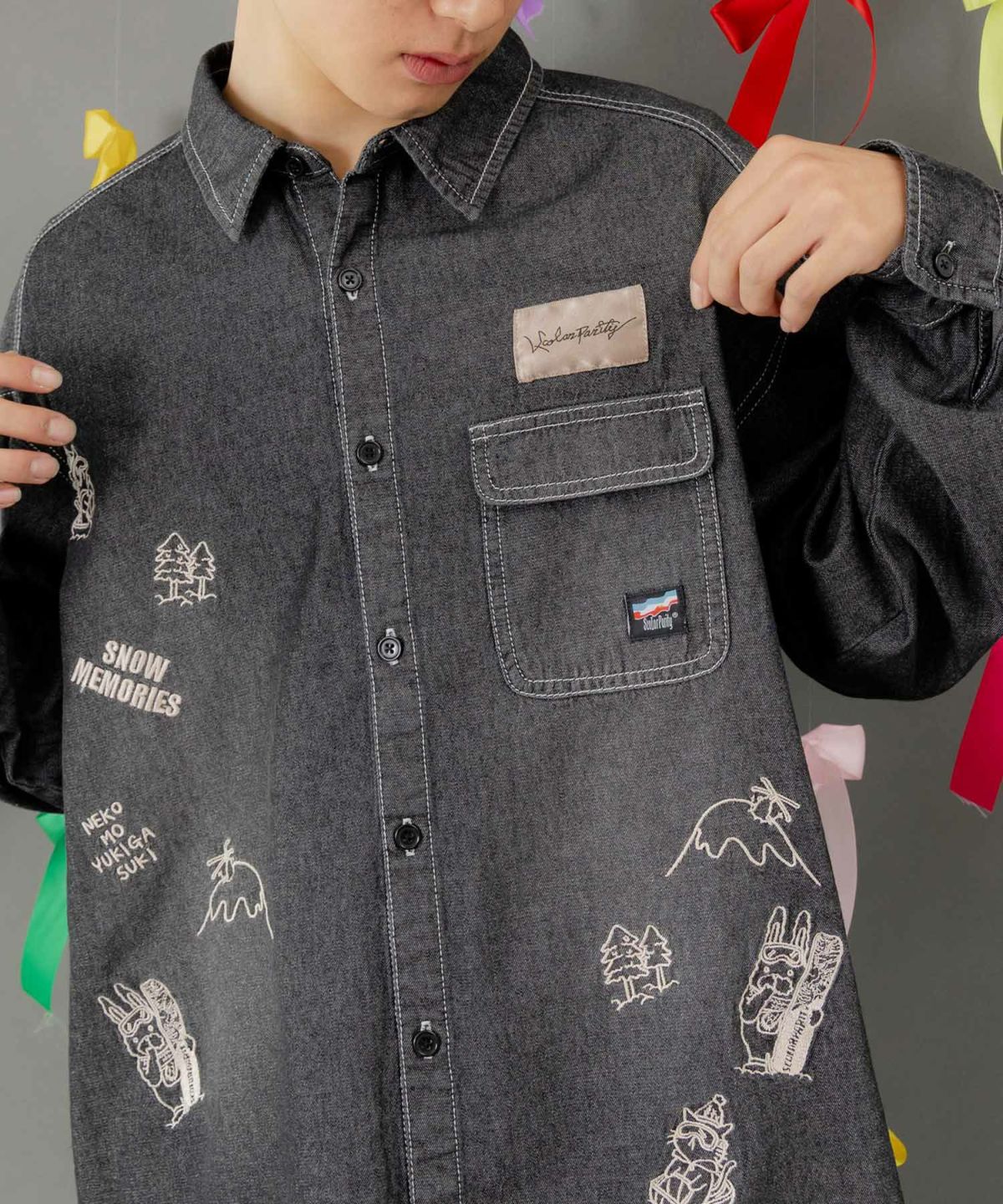 ラビルとネコのスノーメモリー刺繍デニムシャツ-15