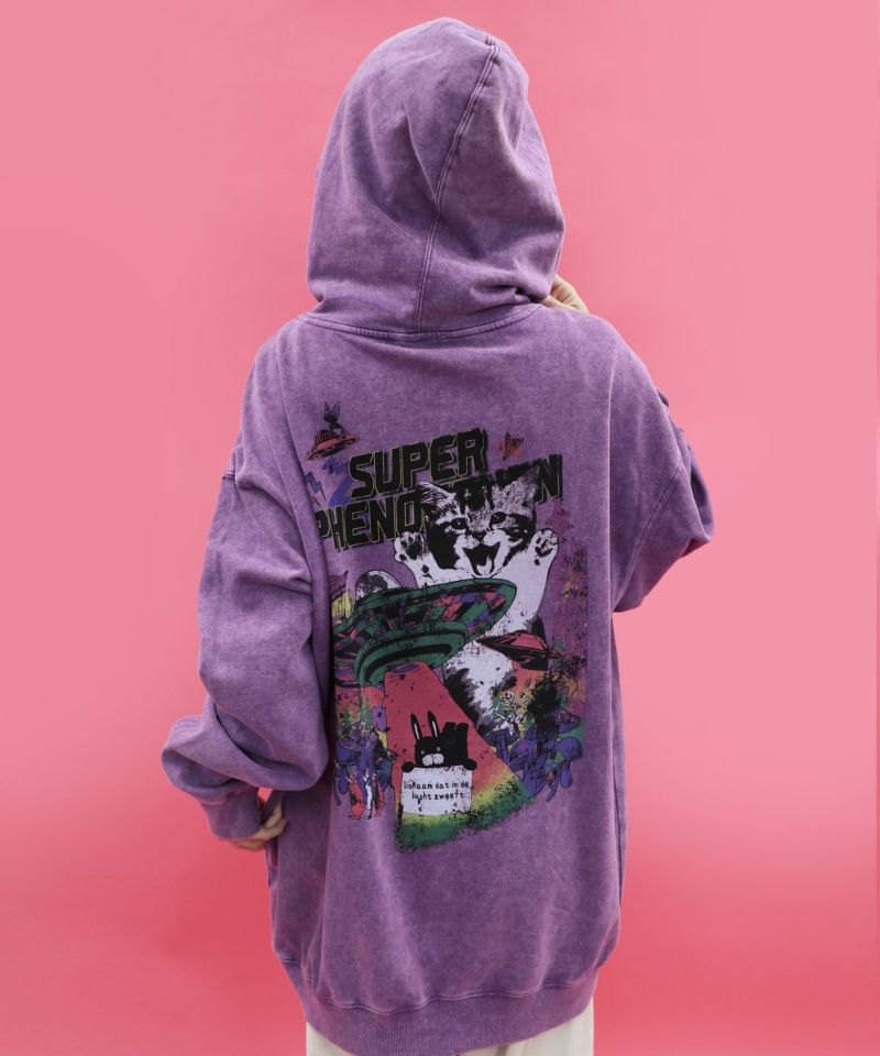 超常現象プリント ケミカル加工裏毛パーカー-4