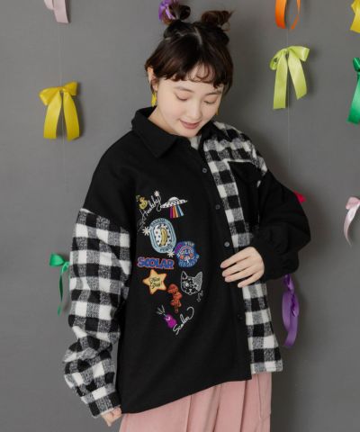 153687：チェックと総柄のアシメパッチワークシャツの通販-ScoLar