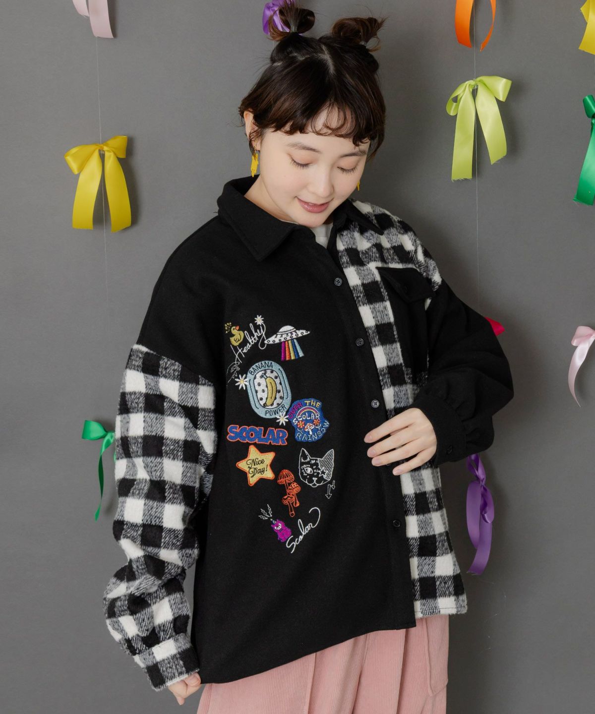 POP刺繍×チェック柄シャツ-1