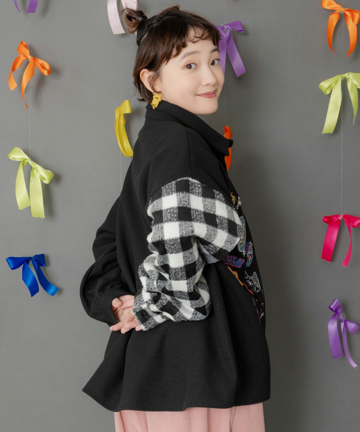 POP刺繍×チェック柄シャツ-4