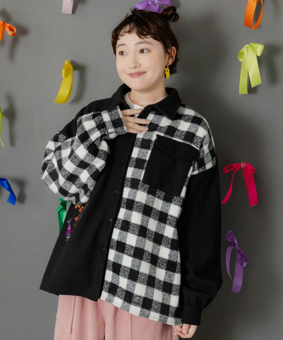 POP刺繍×チェック柄シャツ-5