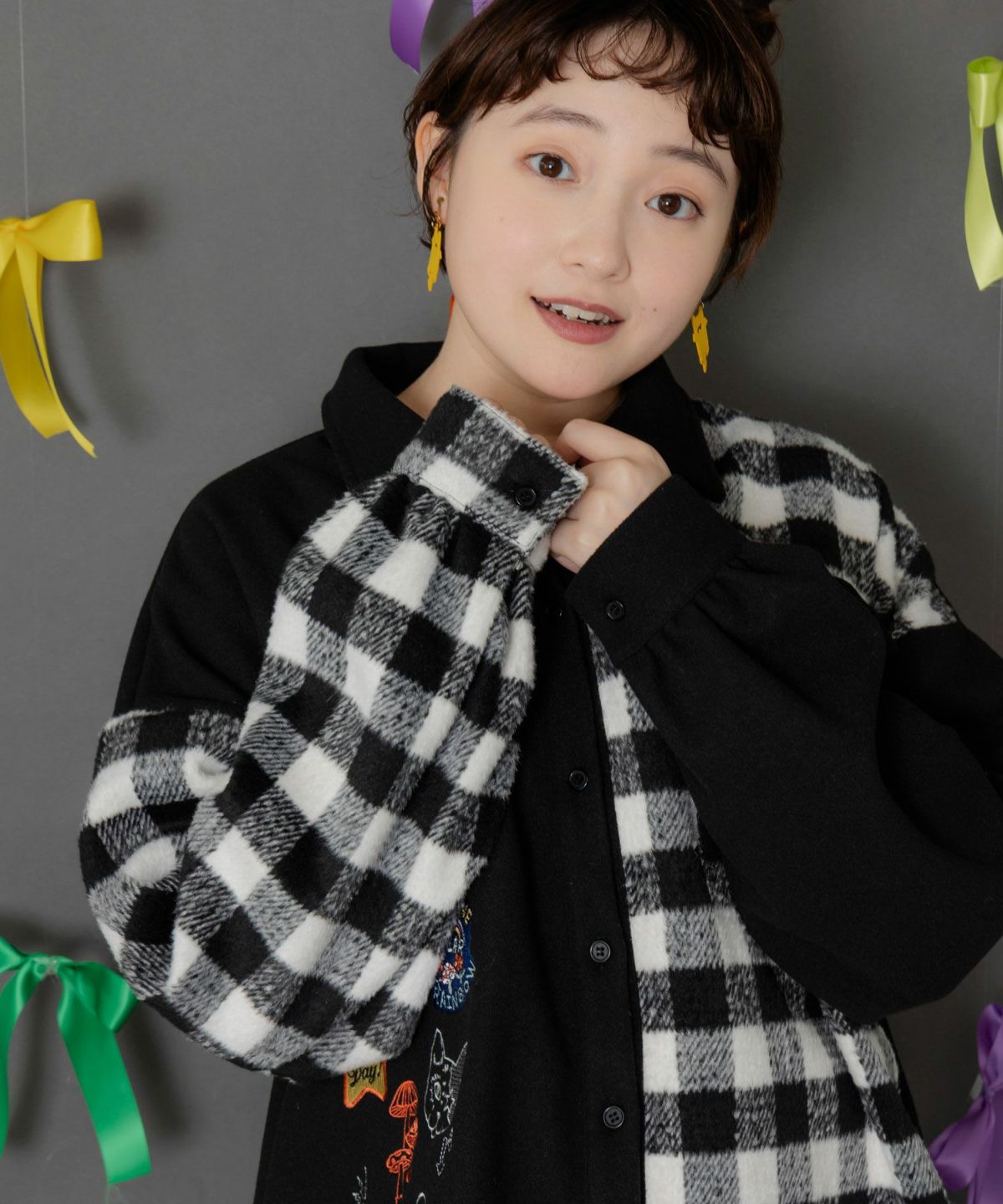 POP刺繍×チェック柄シャツ-6