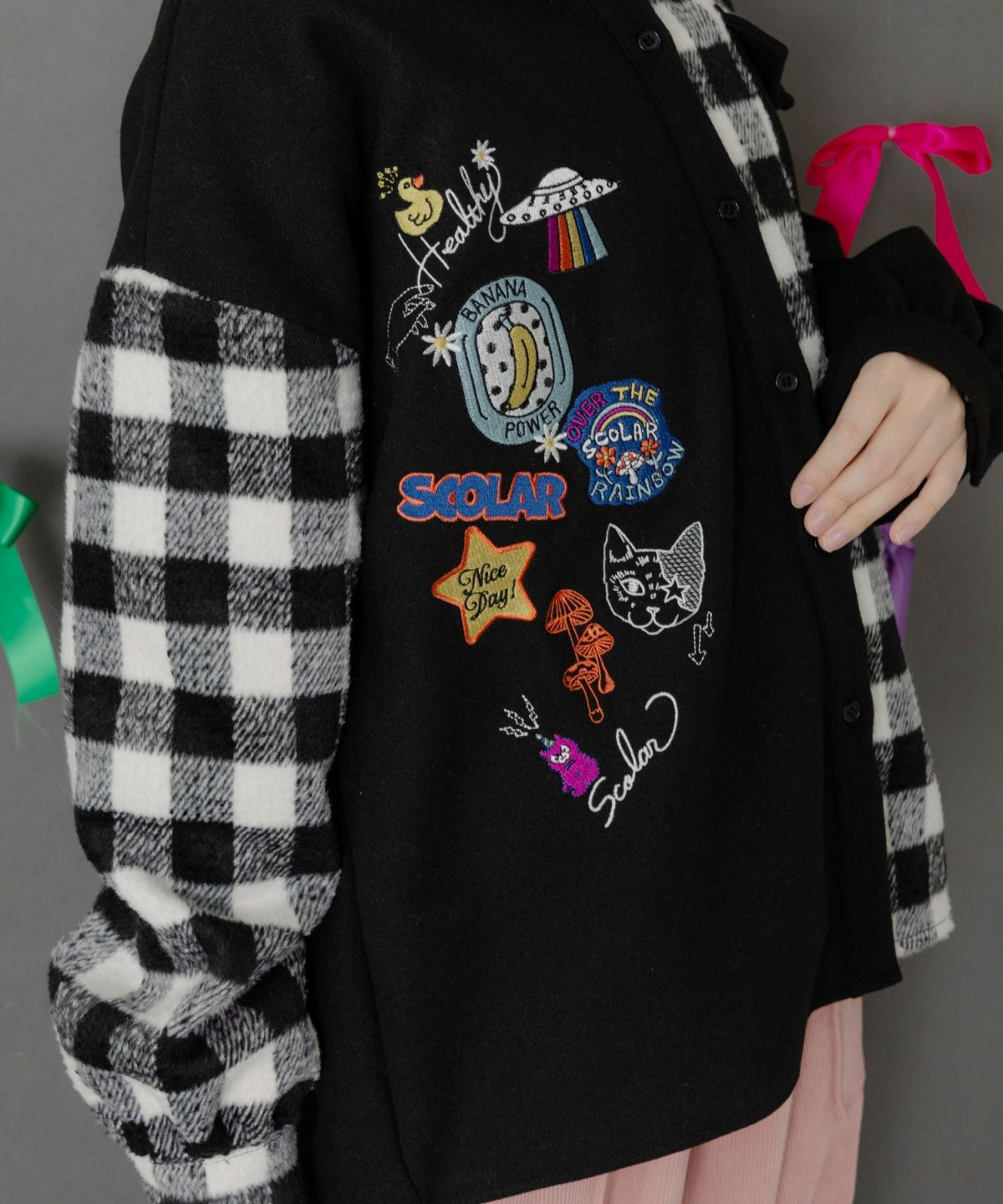 POP刺繍×チェック柄シャツ-7