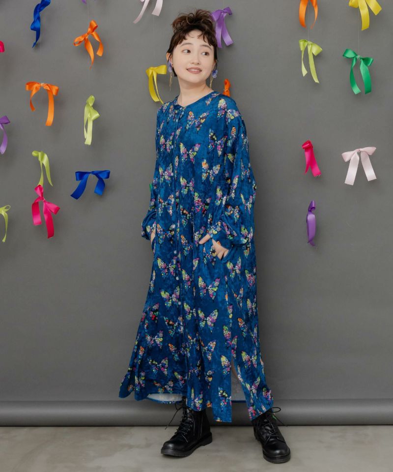 アニマル×蝶柄 前開きクラッシュベロアワンピース-1