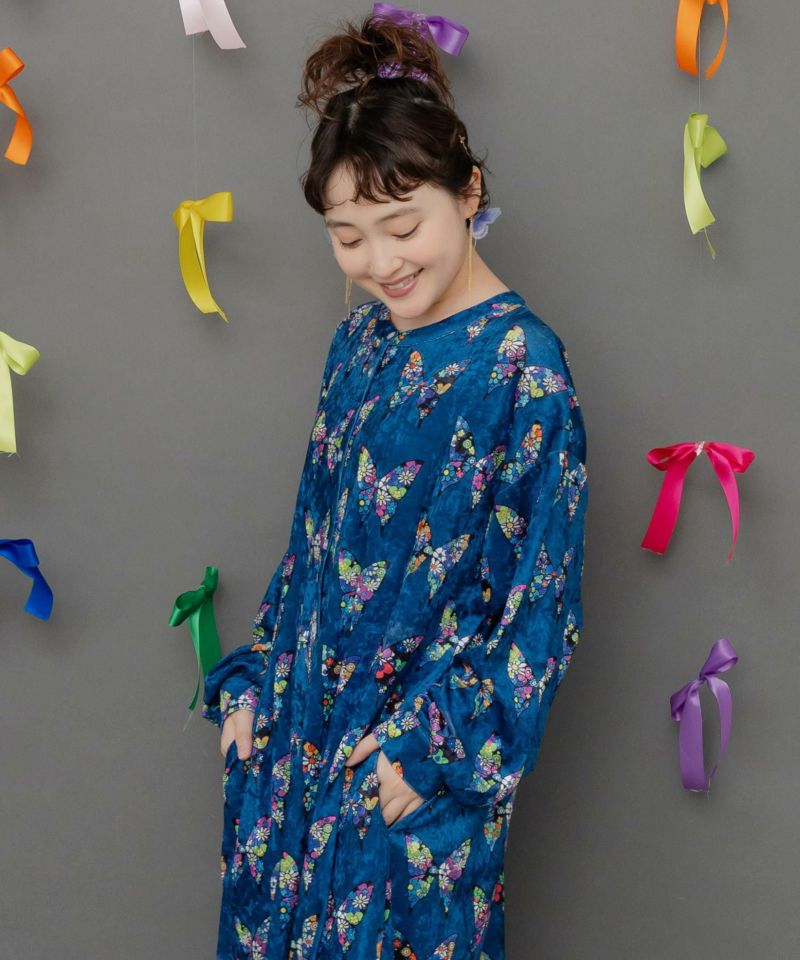 サラアサさま・ワンピース① 153759：アニマル×蝶柄 前開きクラッシュベロアワンピースの通販-ScoLar