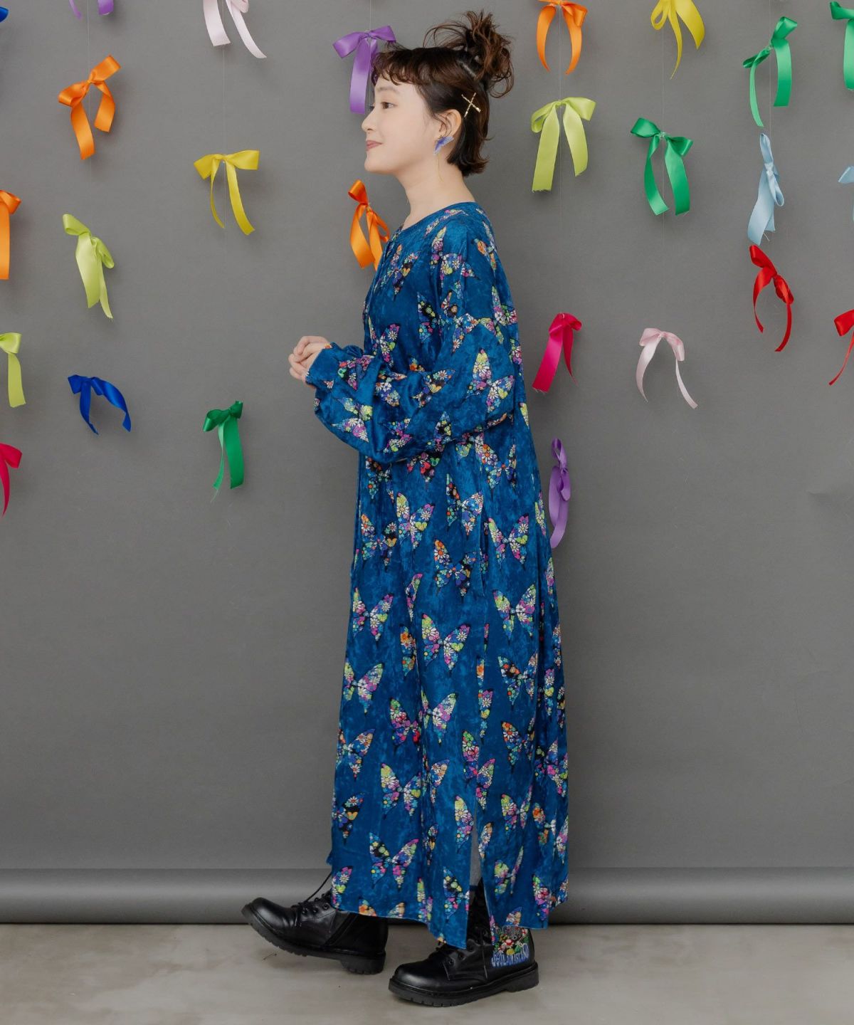 アニマル×蝶柄 前開きクラッシュベロアワンピース-3