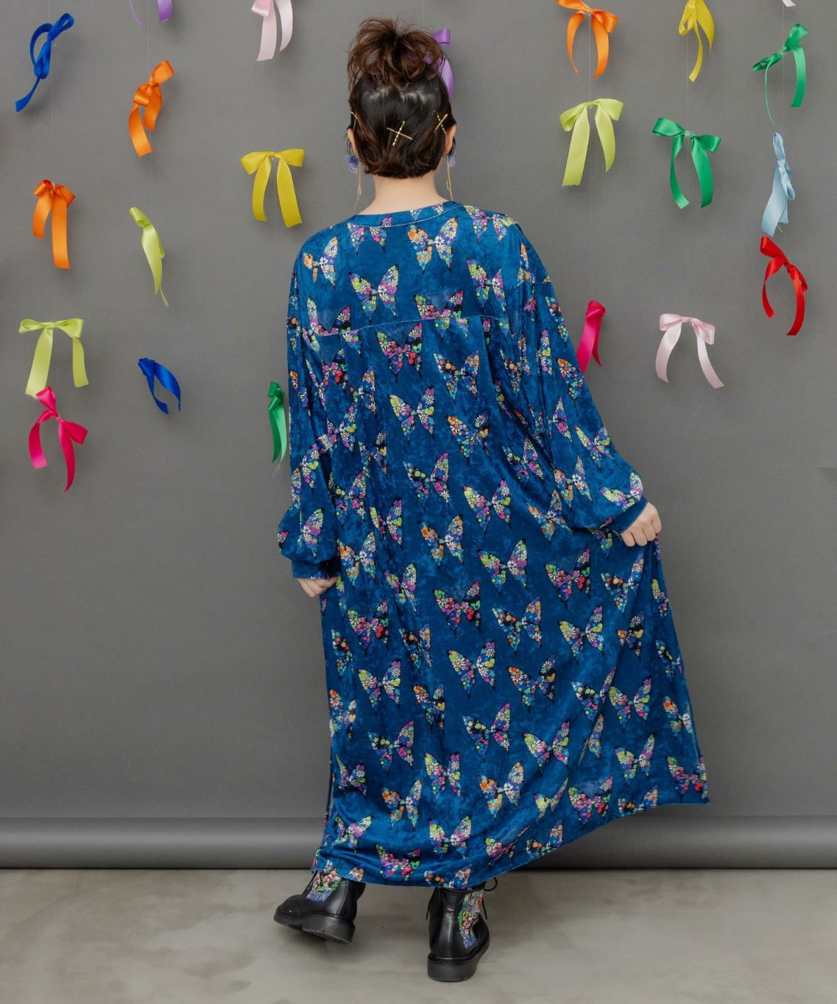 アニマル×蝶柄 前開きクラッシュベロアワンピース-4