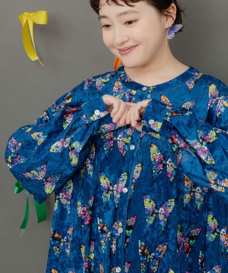 アニマル×蝶柄 前開きクラッシュベロアワンピース-5