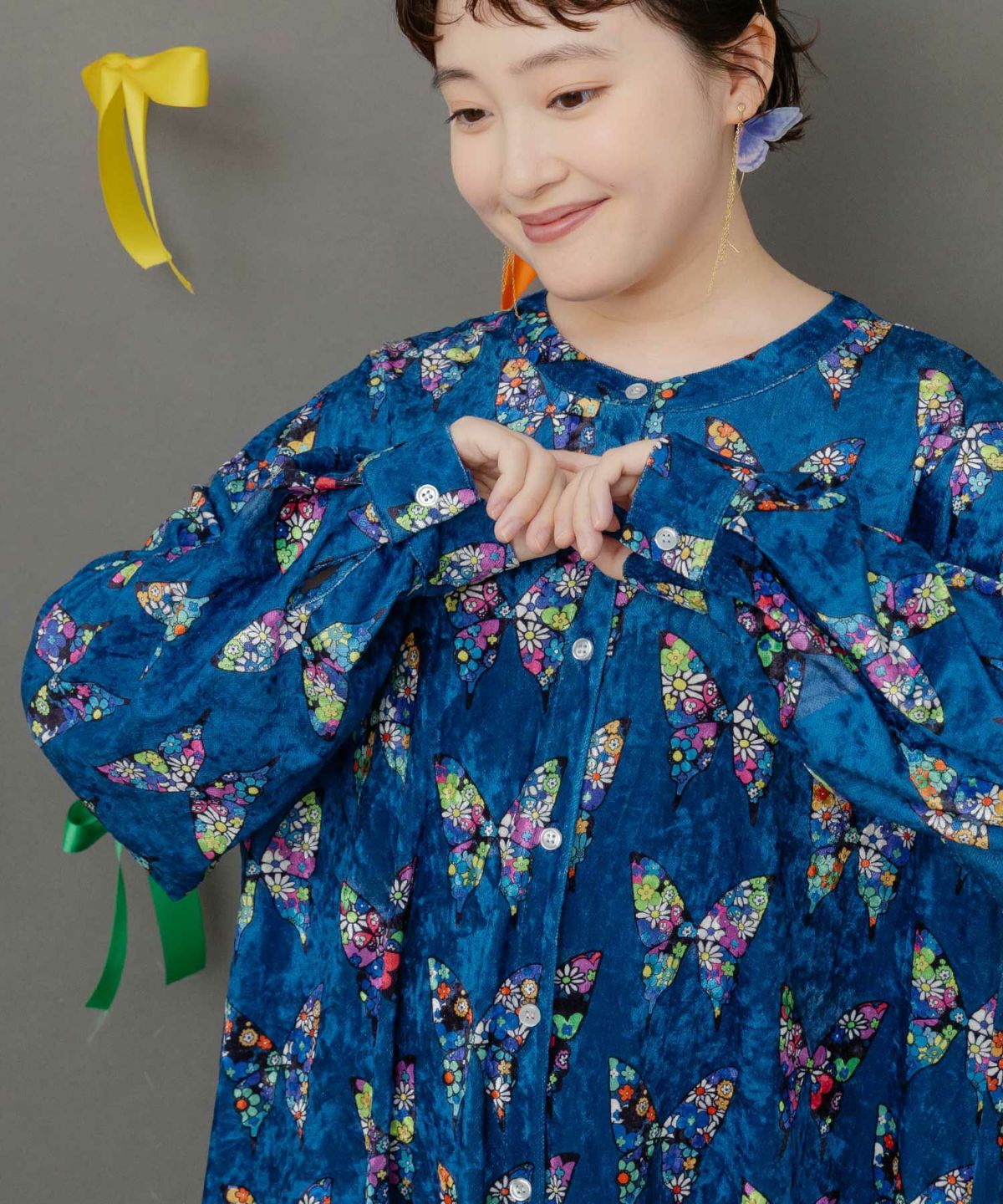 アニマル×蝶柄 前開きクラッシュベロアワンピース-5