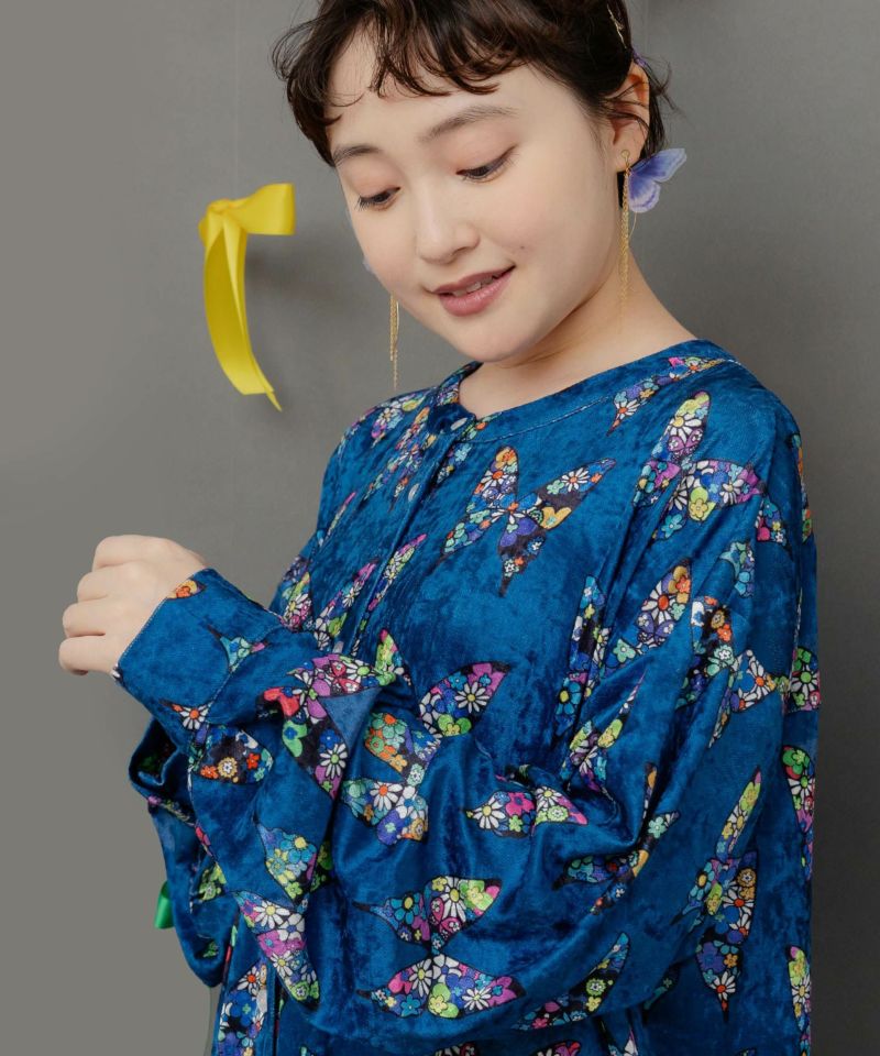 アニマル×蝶柄 前開きクラッシュベロアワンピース-6