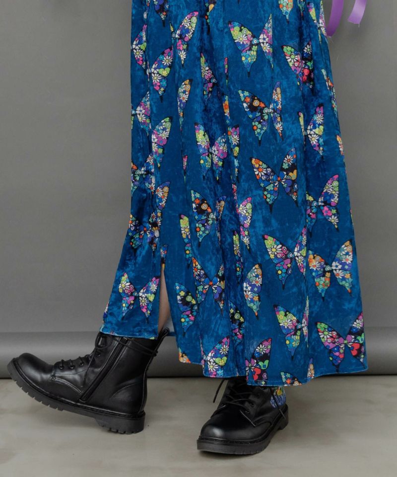 アニマル×蝶柄 前開きクラッシュベロアワンピース-7